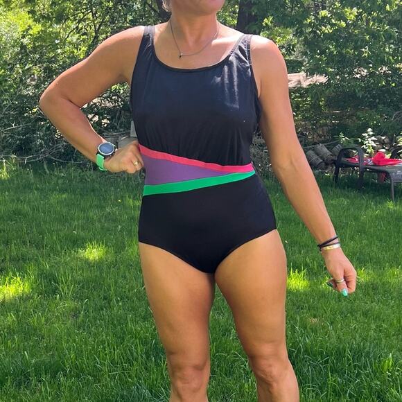 jcpenney Other - Vintage JCPenney black neon pink purple turquoise color block one piece swimsuit